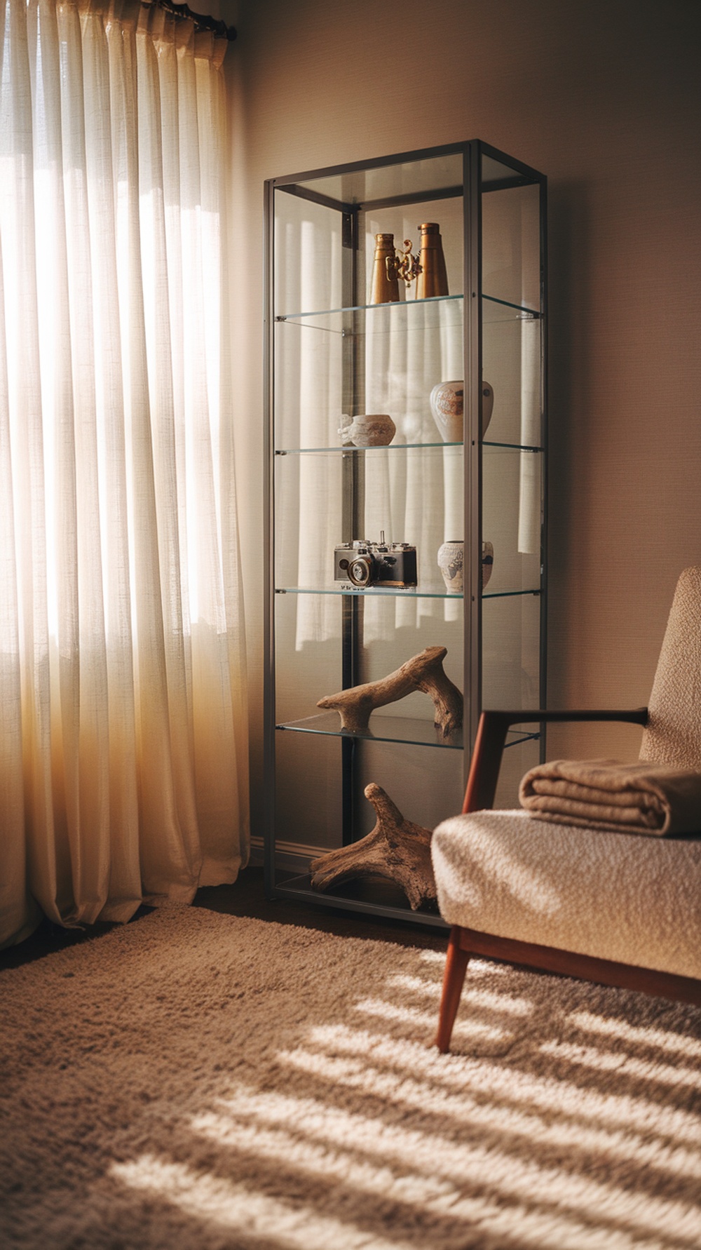 A stylish display case showcasing various decorative items and books.