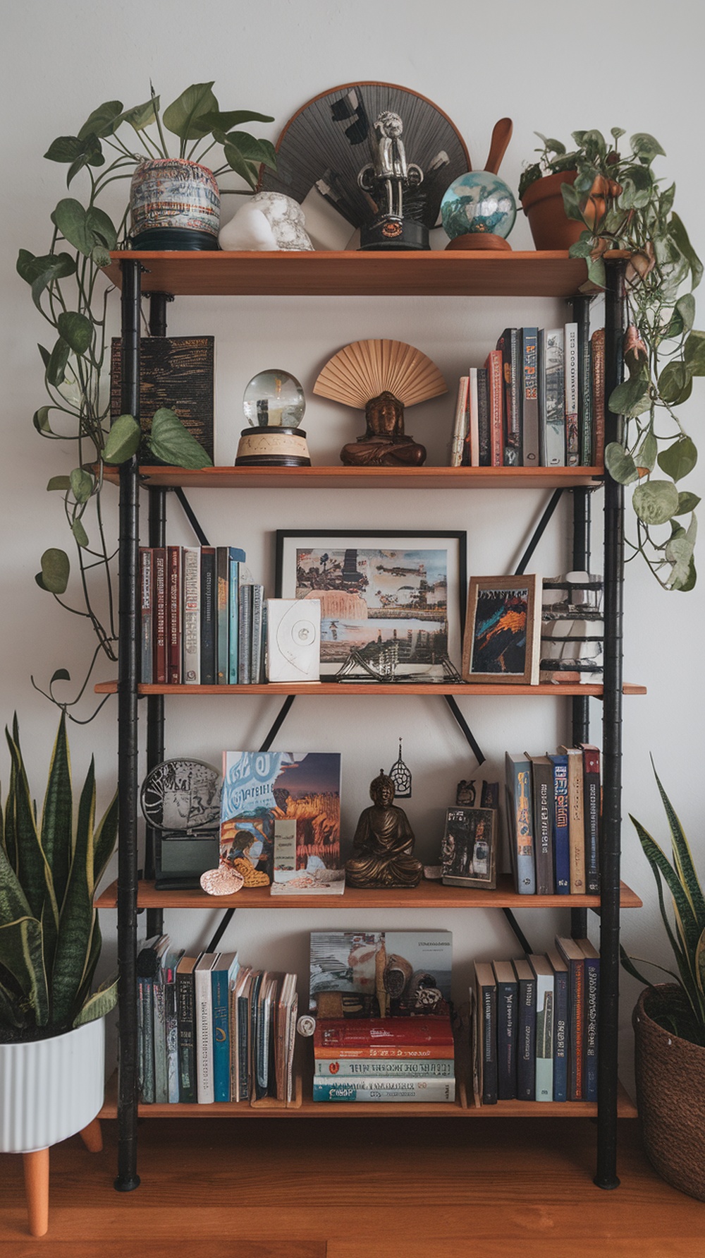 A shelf displaying travel souvenirs, books, and plants in a cozy arrangement.
