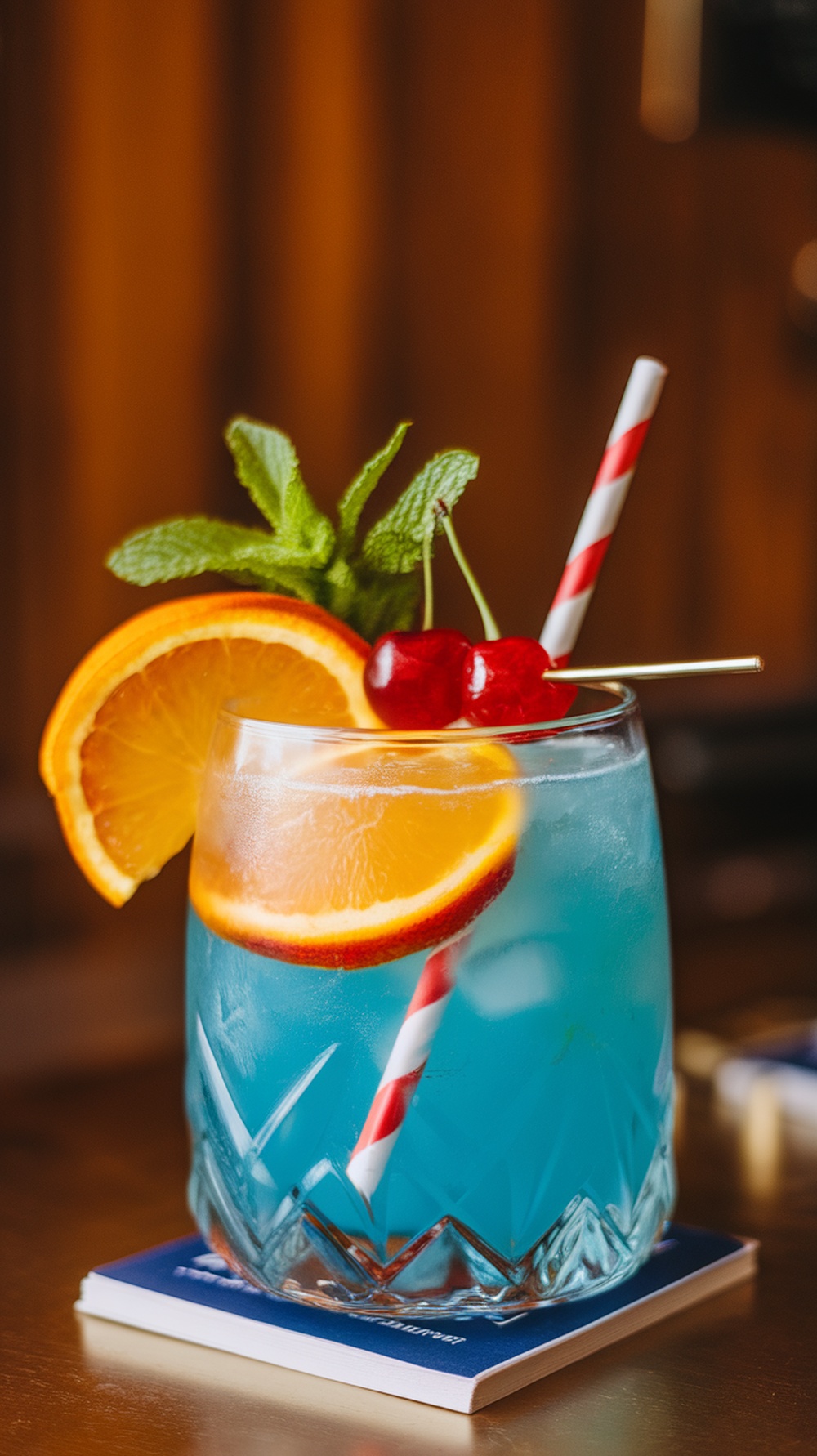 A vibrant blue cocktail garnished with orange, cherry, and mint, served in a glass with a straw.
