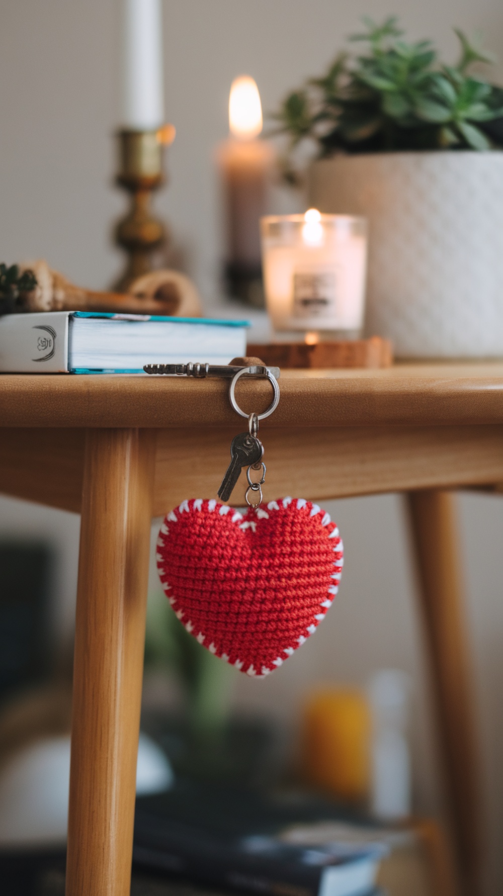 A red crocheted heart keychain hanging from a keyring on a wooden table, surrounded by candles and plants.