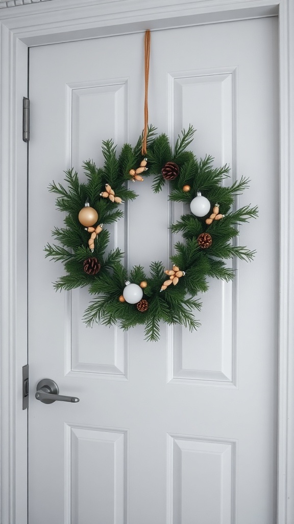 A simple wreath made of greenery, pine cones, and ornaments hanging on a white door.