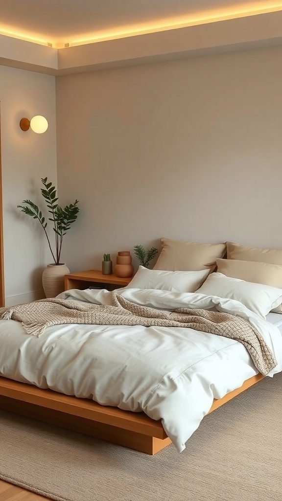 A cozy bed with soft, muted bedding and decorative elements.