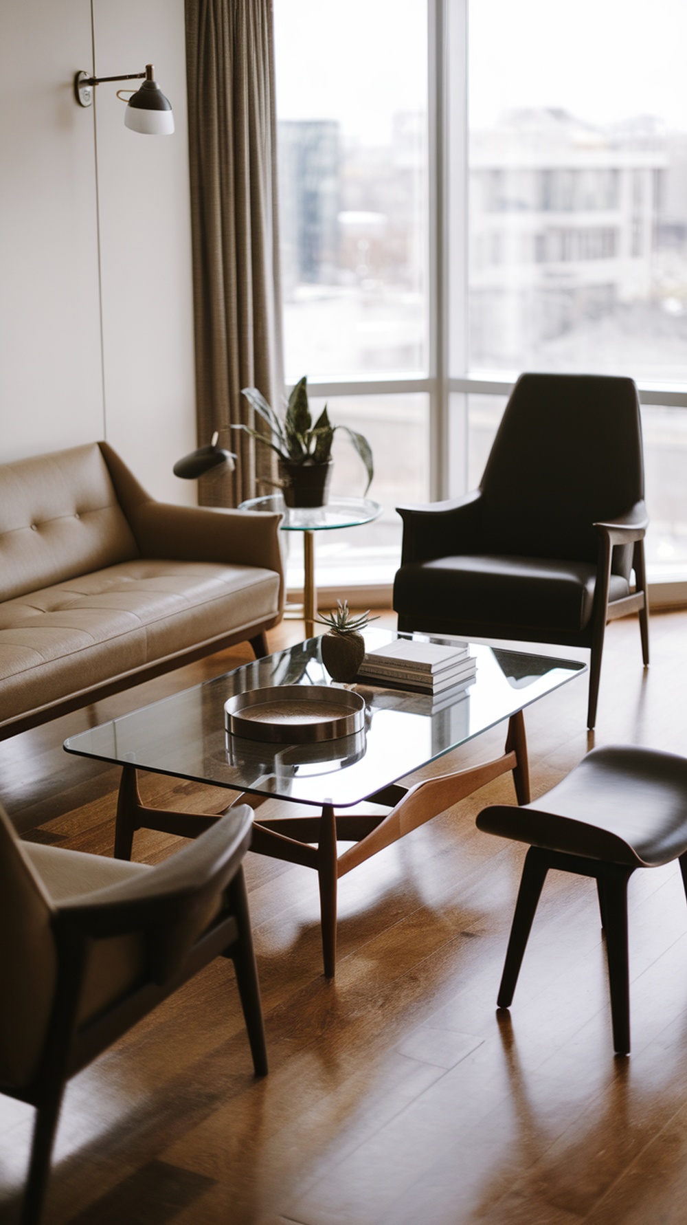 A stylish living room featuring a glass-top coffee table, modern chairs, and a cozy sofa.