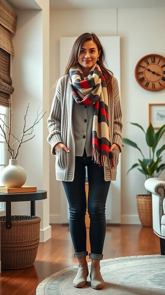 A woman in a cozy cardigan and colorful scarf, standing in a stylish living room.