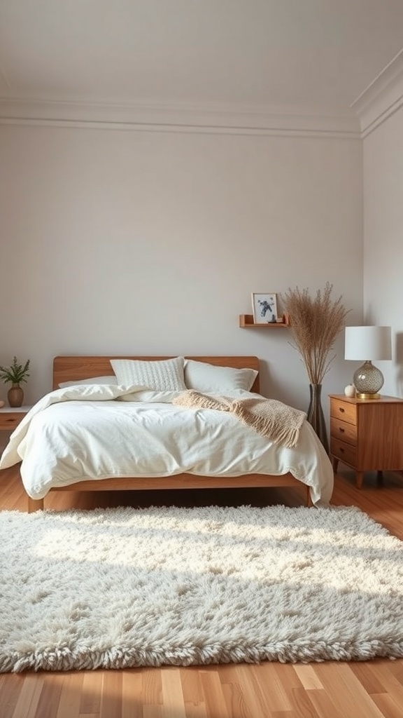 A cozy bedroom featuring a fluffy area rug on a wooden floor, a neatly made bed, and soft lighting.