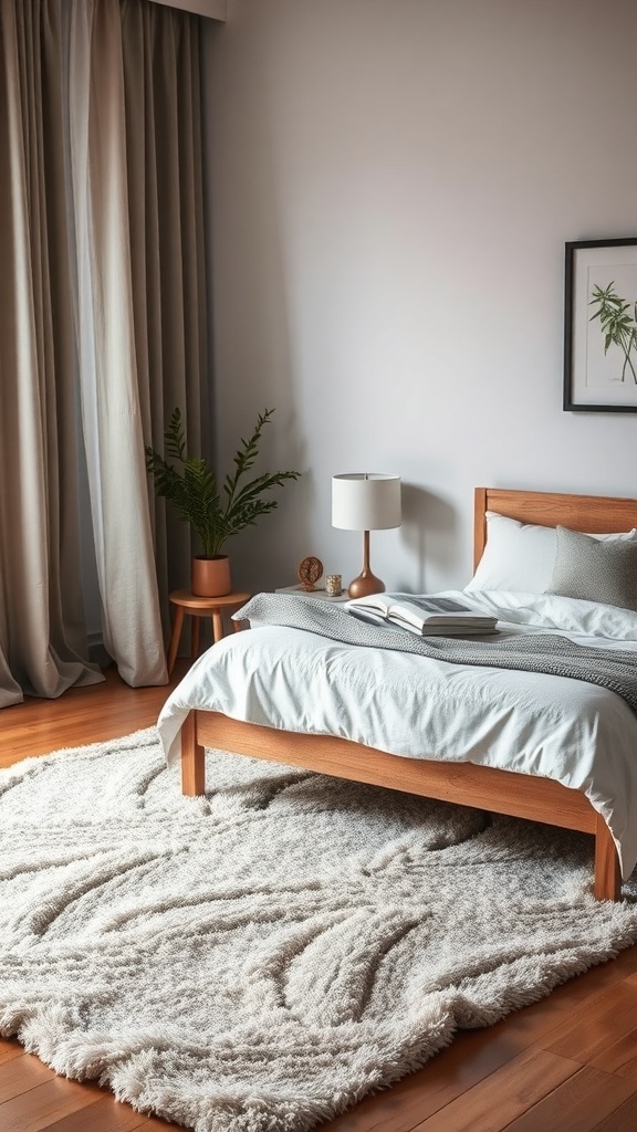 Cozy bedroom with a soft area rug, wooden bed frame, and plants.