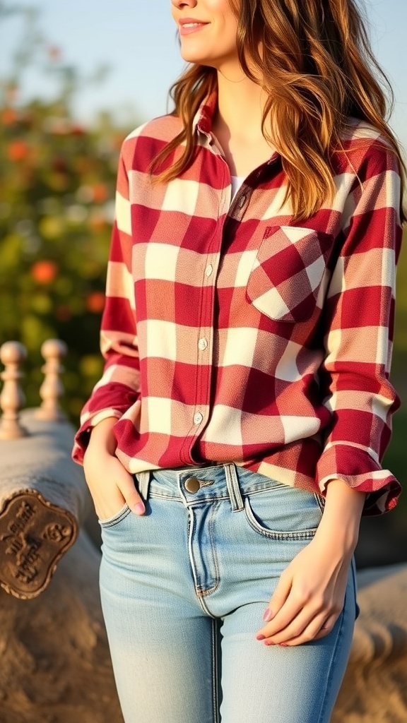 A woman wearing a soft flannel shirt and high-waisted jeans, showcasing a stylish and comfortable Thanksgiving outfit.