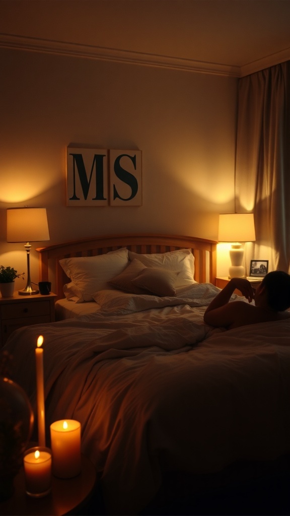 A cozy bedroom with soft lighting from lamps and candles, creating a relaxing atmosphere.