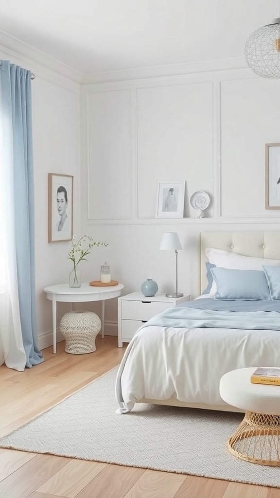 A soft pastel blue and white bedroom with a cozy bed, modern light fixture, and warm wooden flooring.