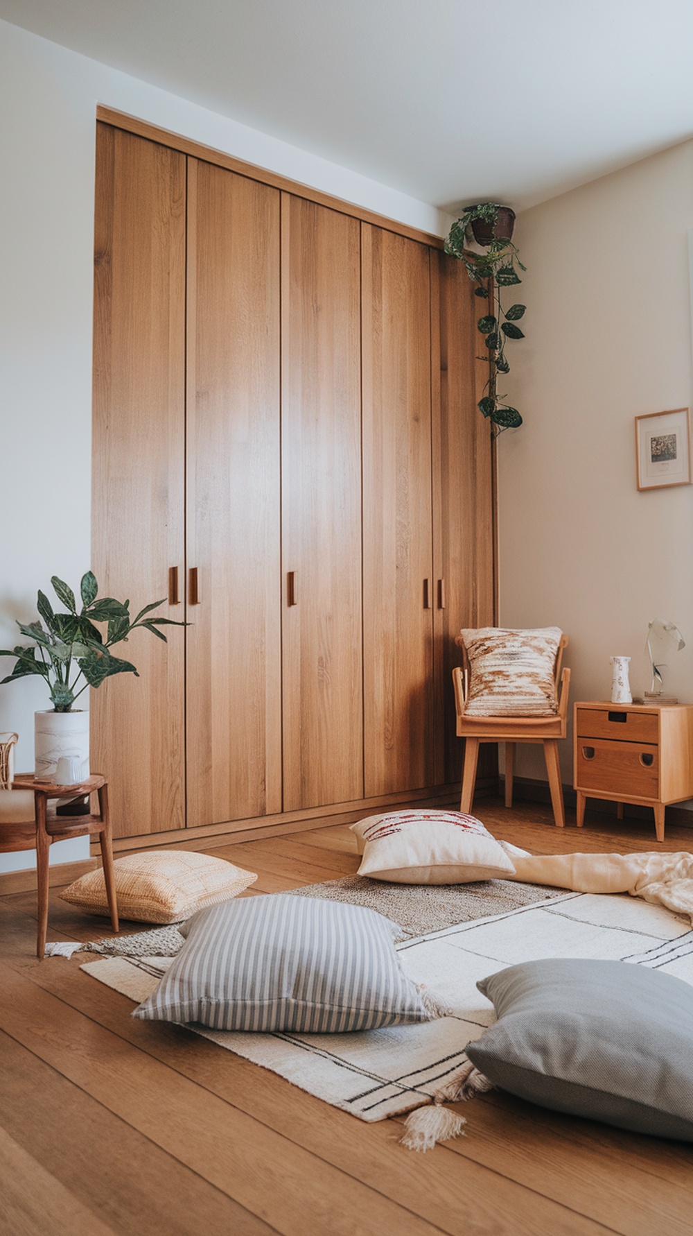A cozy Japandi bedroom with soft cushions on the floor, wooden furniture, and a plant.