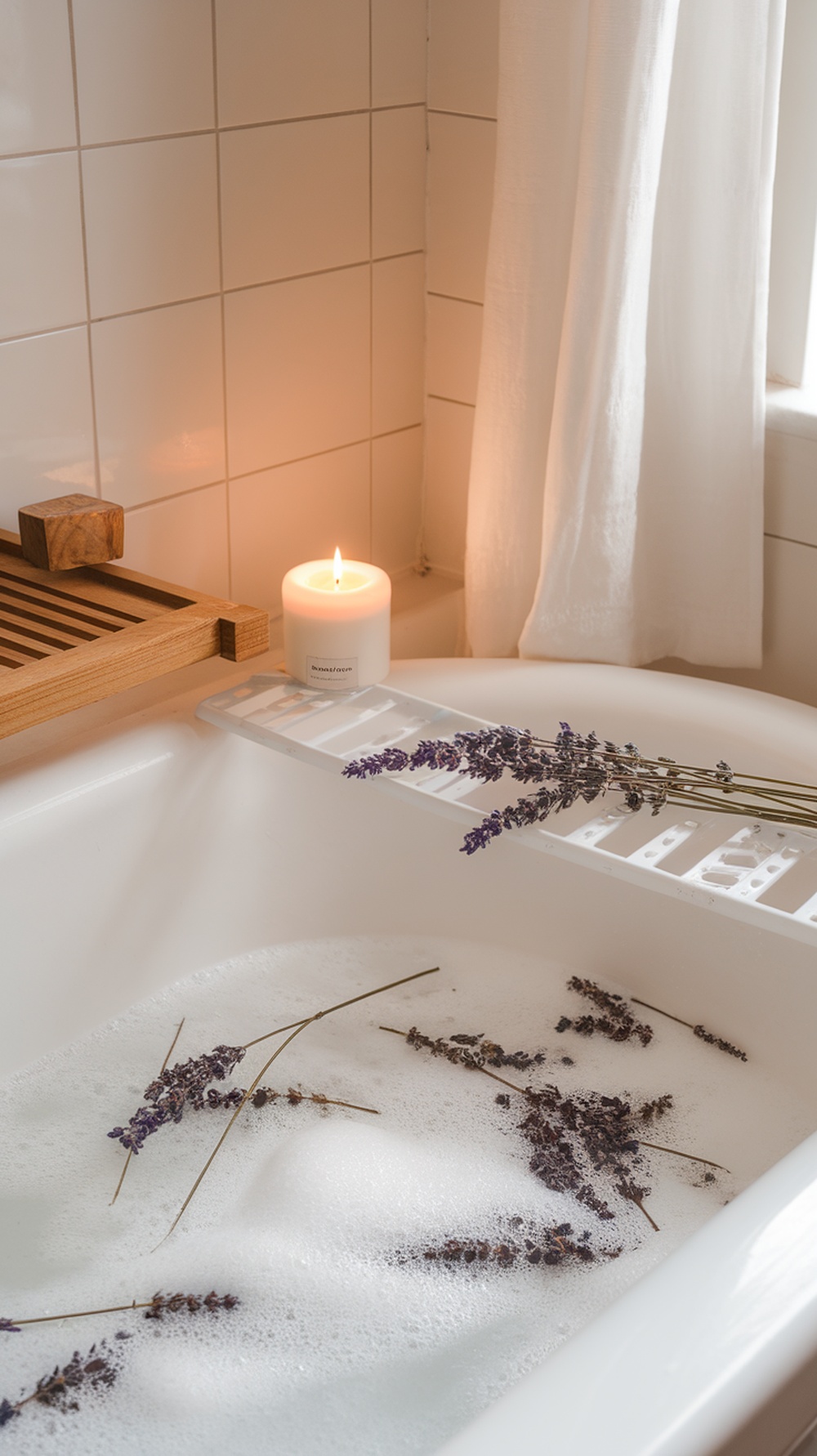 A serene bath scene with lavender sprigs, bubbles, and a lit candle.