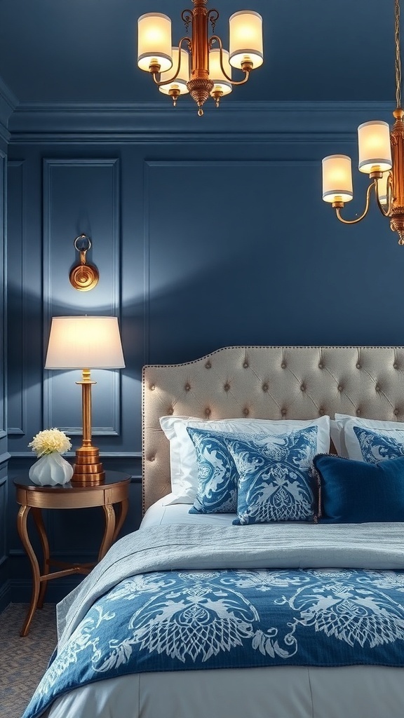 A sophisticated blue and white bedroom featuring elegant lighting fixtures.