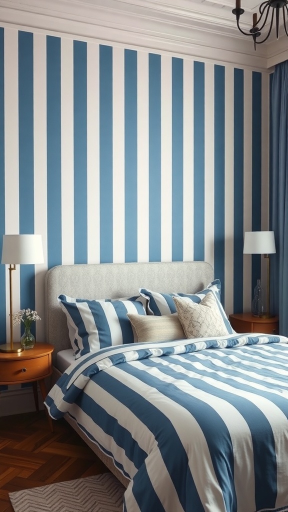 A bedroom with blue and white striped walls and bedding, featuring wooden nightstands and lamps.