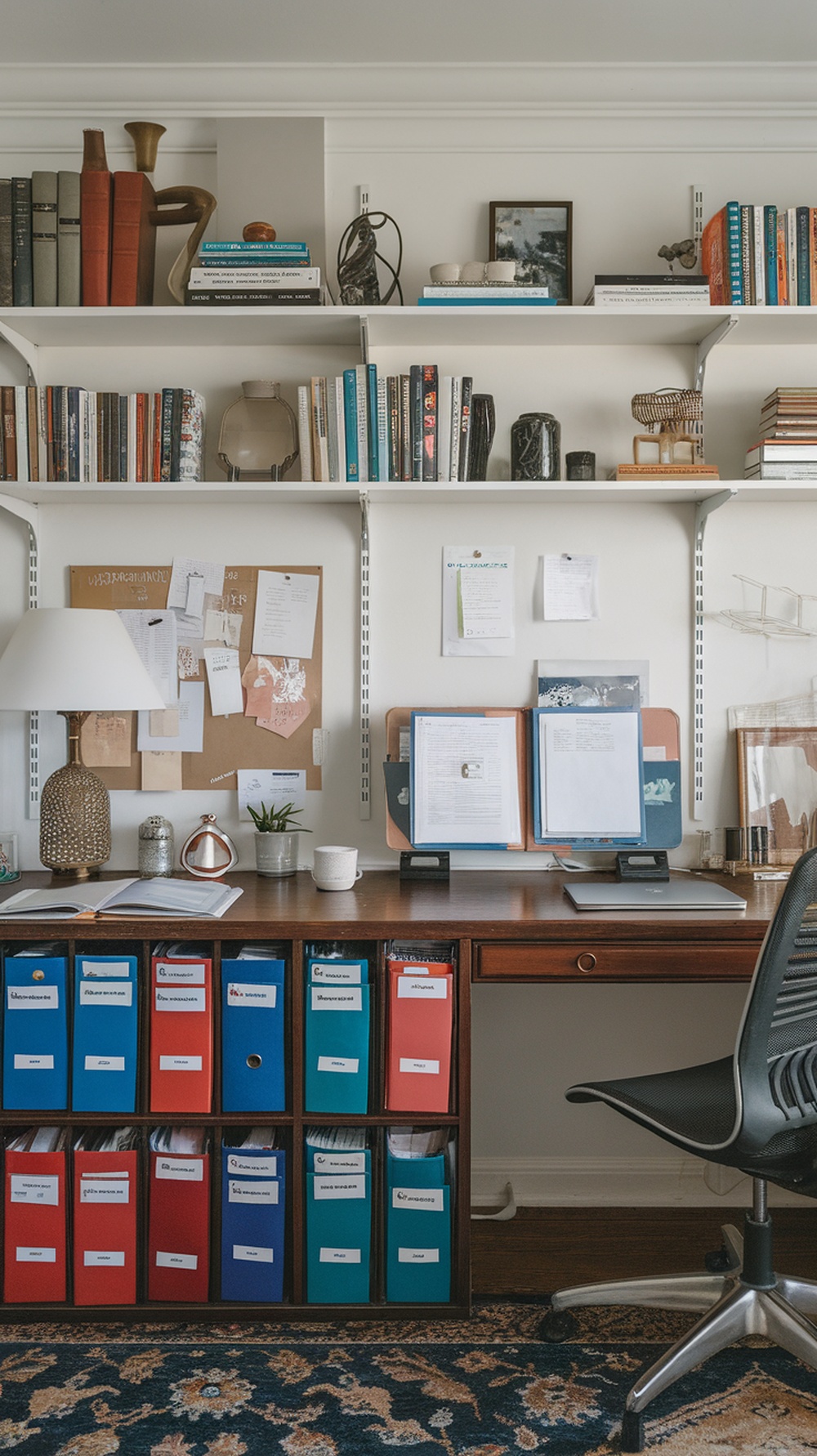 A well-organized desk with shelves, colorful file folders, and a lamp, showcasing an efficient workspace for sorting paperwork.