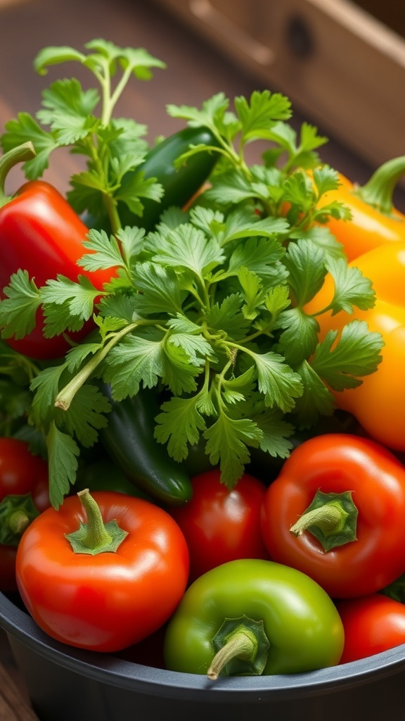 A container filled with red, green, and yellow bell peppers alongside fresh cilantro.