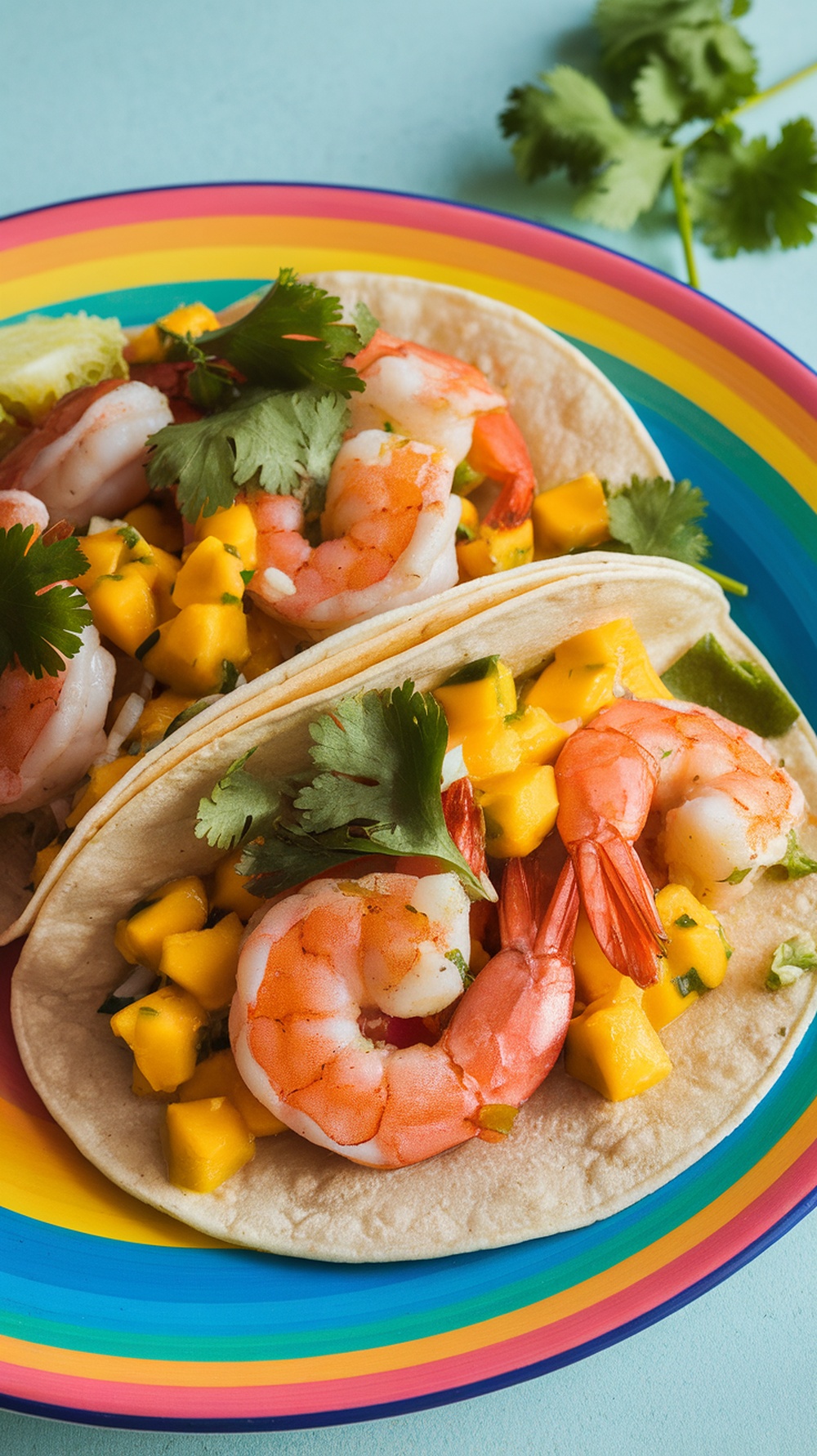 Two spicy shrimp tacos topped with mango salsa and cilantro on a colorful plate.