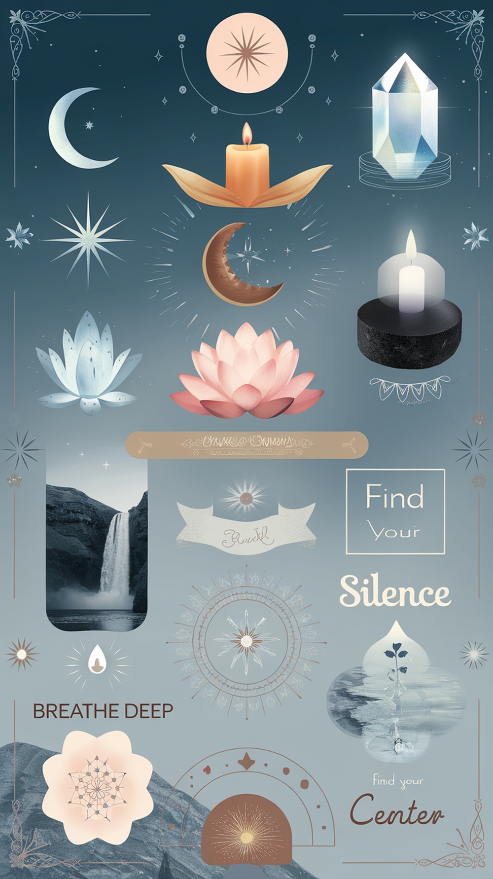 An artistic representation of spirituality featuring candles, lotus flowers, moon phases, and crystals.
