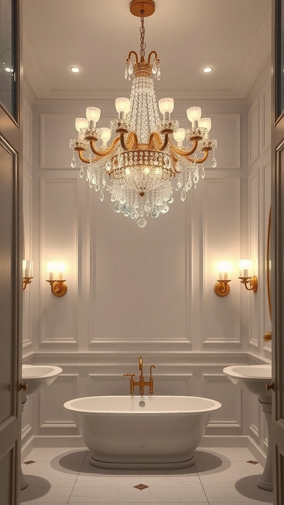 Elegant bathroom with a crystal chandelier and gold accents