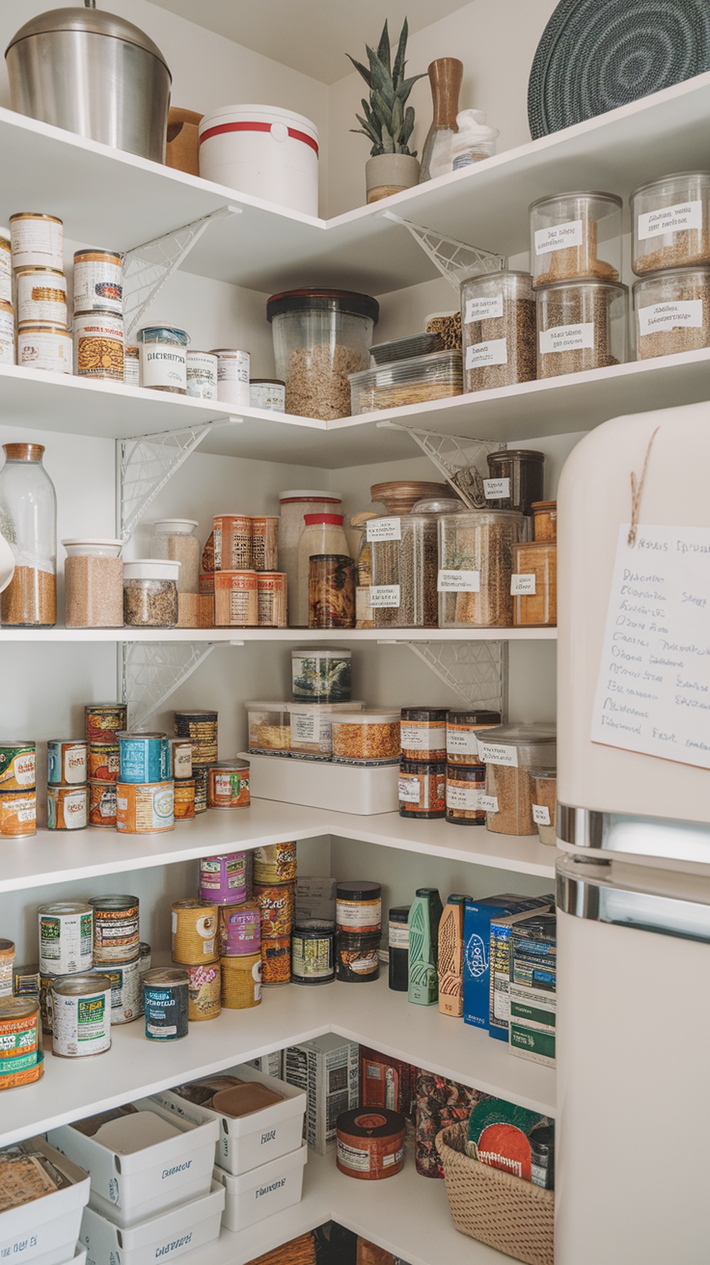 Organized pantry with labeled jars and containers, showcasing a neat arrangement of food items.