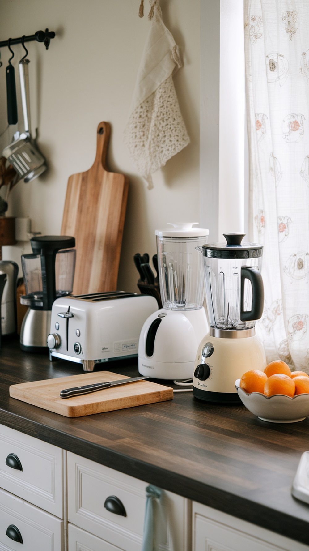 A clean kitchen countertop with appliances, a cutting board, and a bowl of oranges.