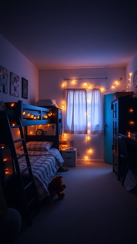 A cozy dorm room with string lights illuminating the space, featuring a bunk bed and a desk.