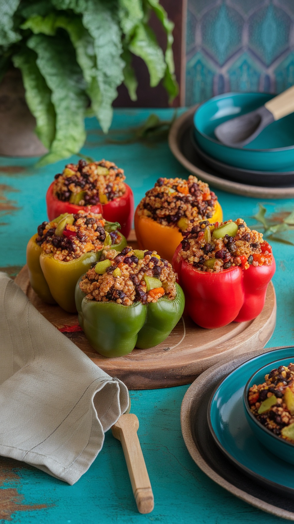 Colorful stuffed bell peppers filled with quinoa and vegetables on a wooden board.