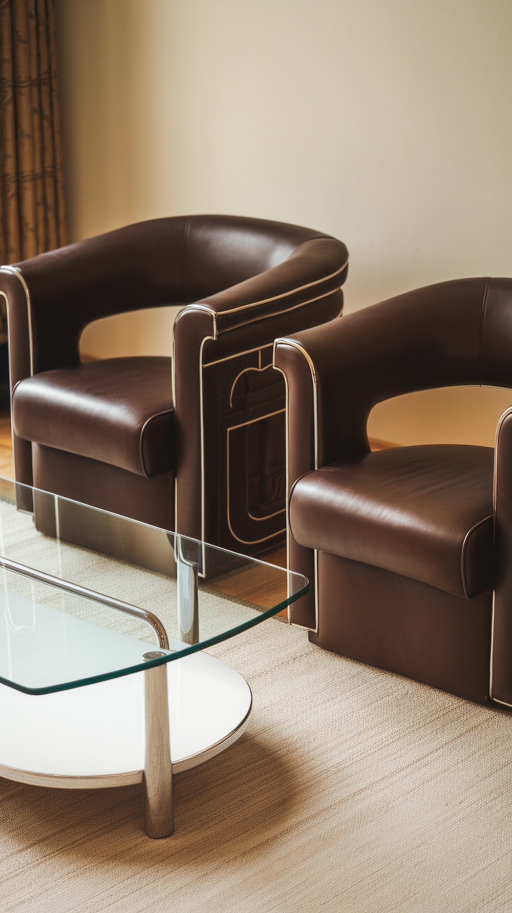 Two stylish accent chairs with curved lines in brown leather, accompanied by a glass coffee table.