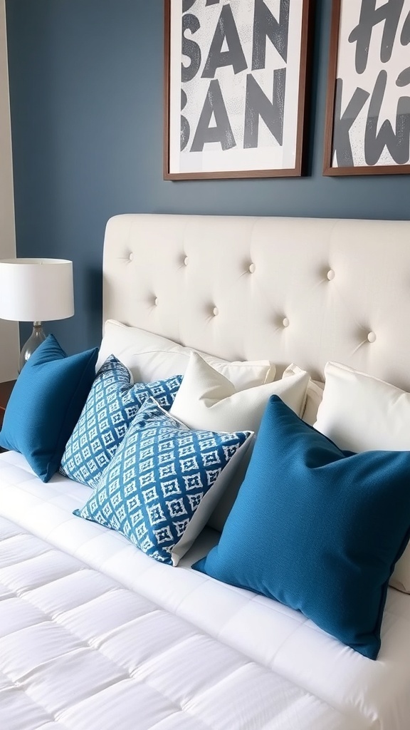 A stylish arrangement of blue and white throw pillows on a bed with a light headboard and blue wall.