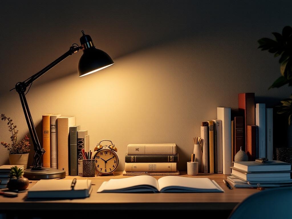 A stylish desk lamp illuminating a workspace with books, a clock, and stationery.