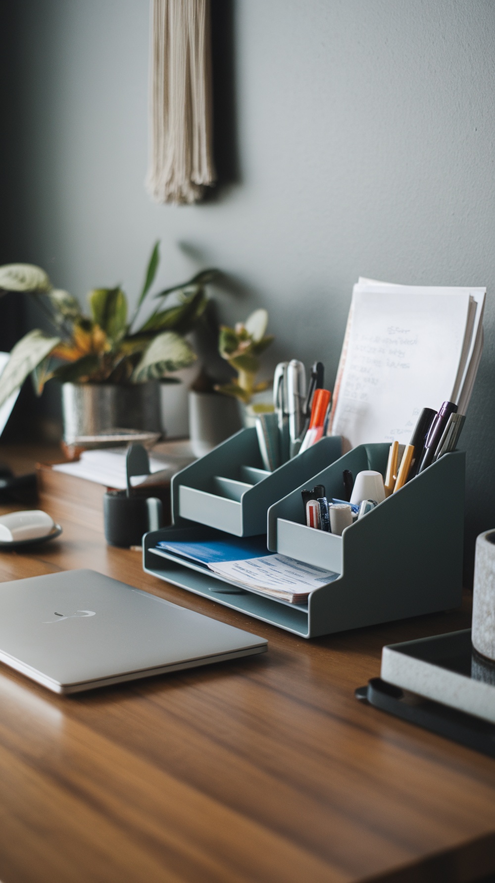 A stylish desk organizer with compartments for pens, papers, and other office supplies, set against a backdrop of plants.