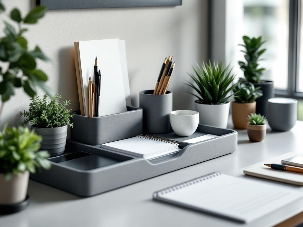 Stylish desk organizers with plants, pens, and notepads on a desk