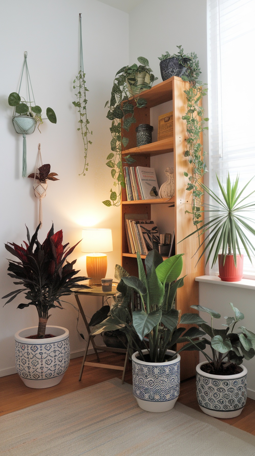 Cozy corner with various indoor plants in decorative pots, a lamp, and a bookshelf.