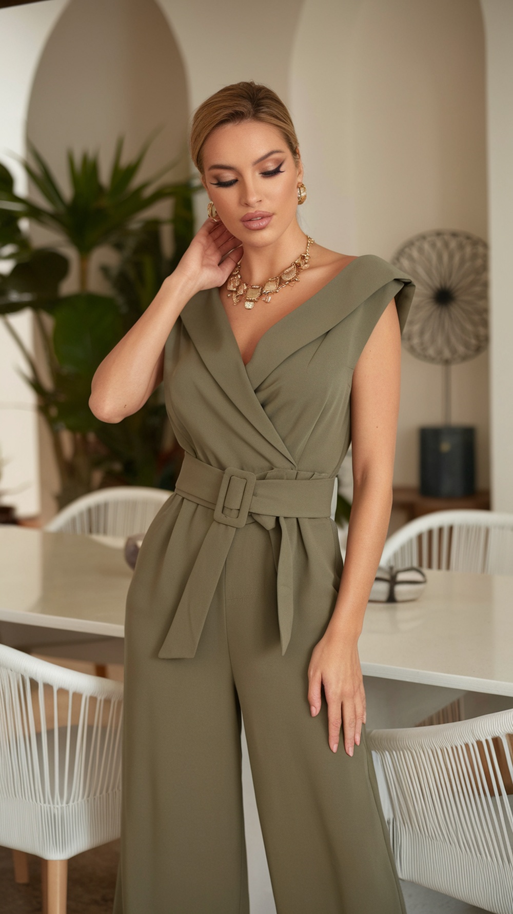 A stylish light blue jumpsuit with a collar, pockets, and a statement belt, displayed on a chair.