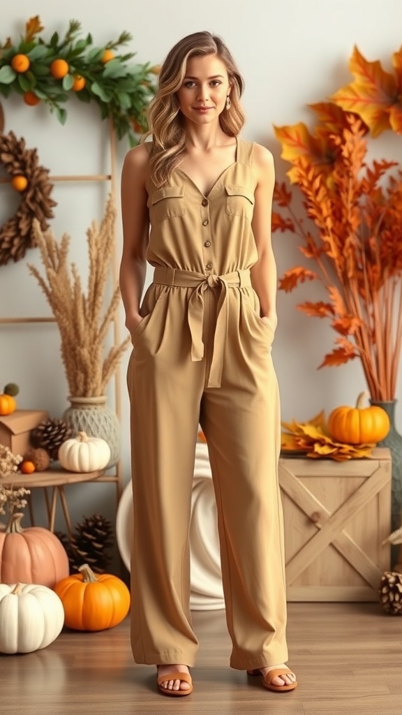A woman wearing a stylish beige jumpsuit with a belted waist, standing in a decorated autumn setting with pumpkins and fall foliage.