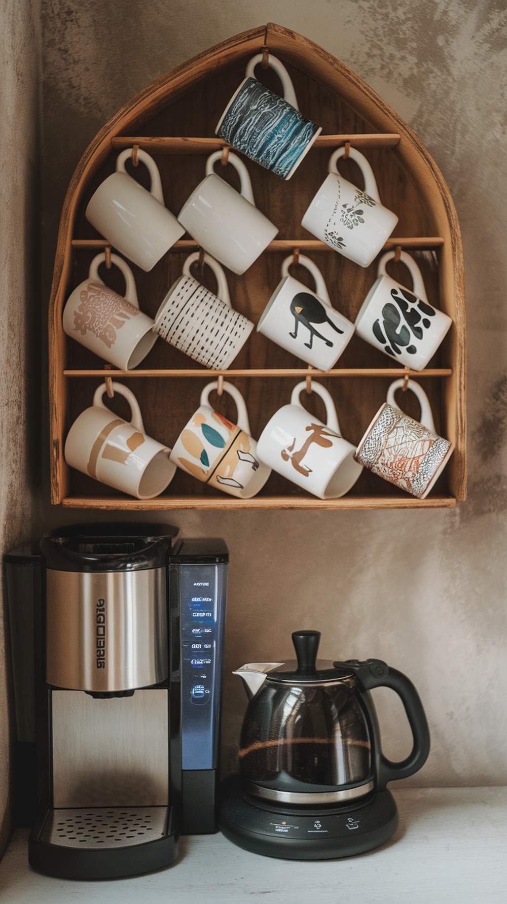 A modern coffee maker with a shelf displaying white mugs.