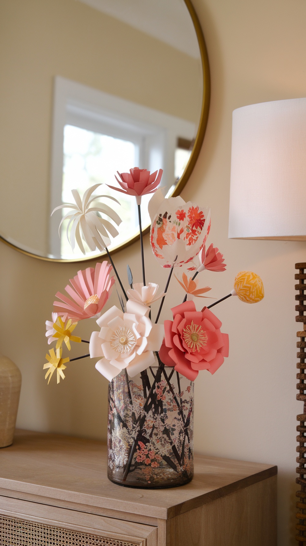 A beautiful arrangement of colorful paper flowers in a decorative vase on a wooden table.