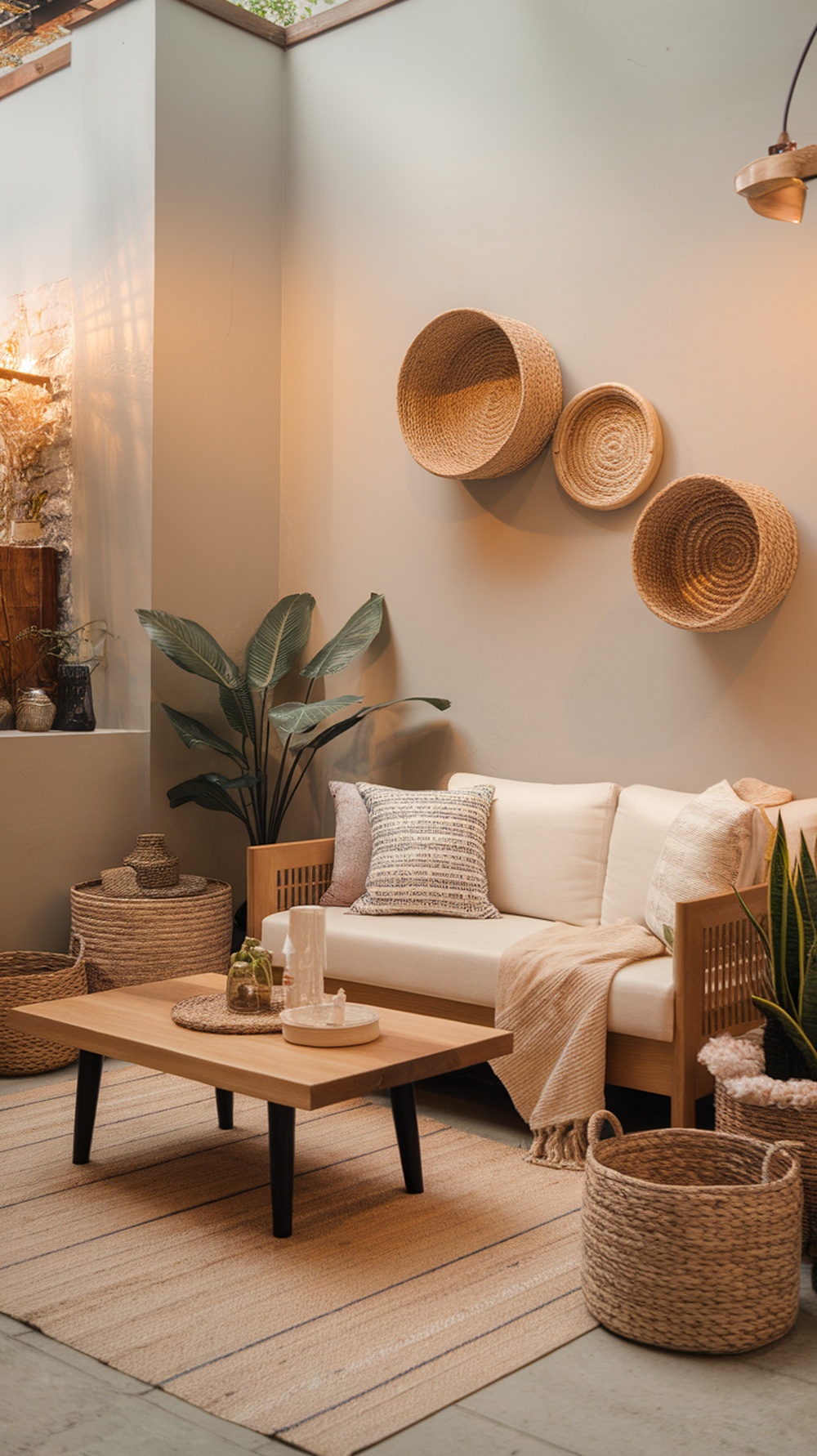 A cozy living room with stylish woven storage baskets, a comfortable sofa, and a wooden coffee table.