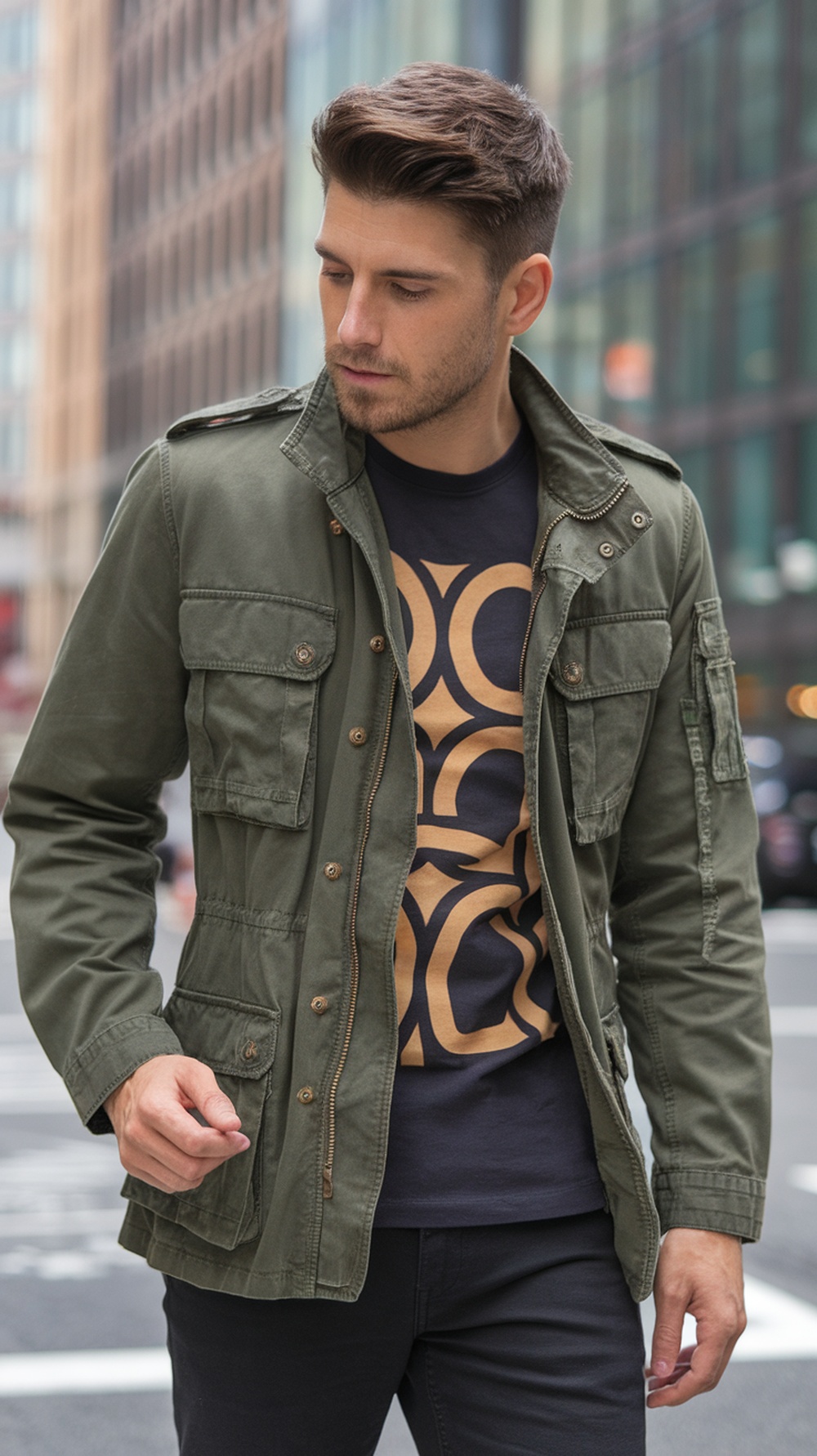 A man wearing a stylish utility jacket over a graphic tee, walking in an urban setting.