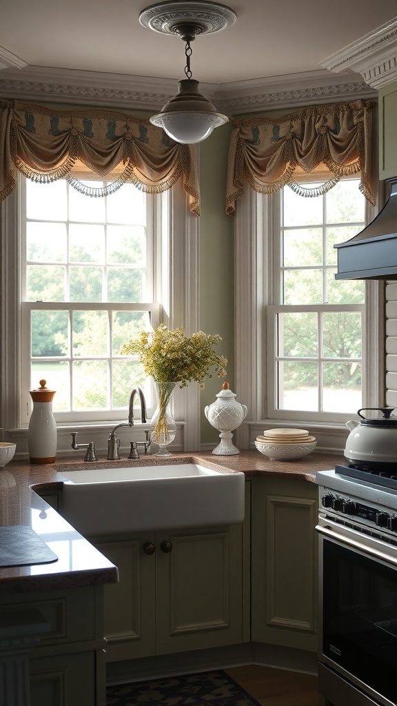 A Victorian kitchen with stylish window treatments featuring elegant drapery and large windows.