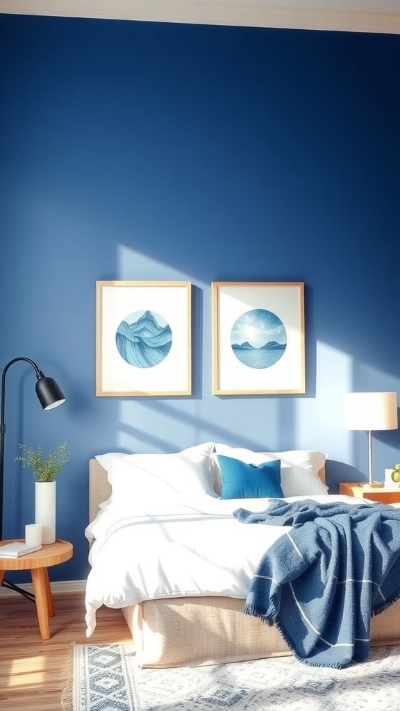 Stylized blue and white wall art in a cozy bedroom setting