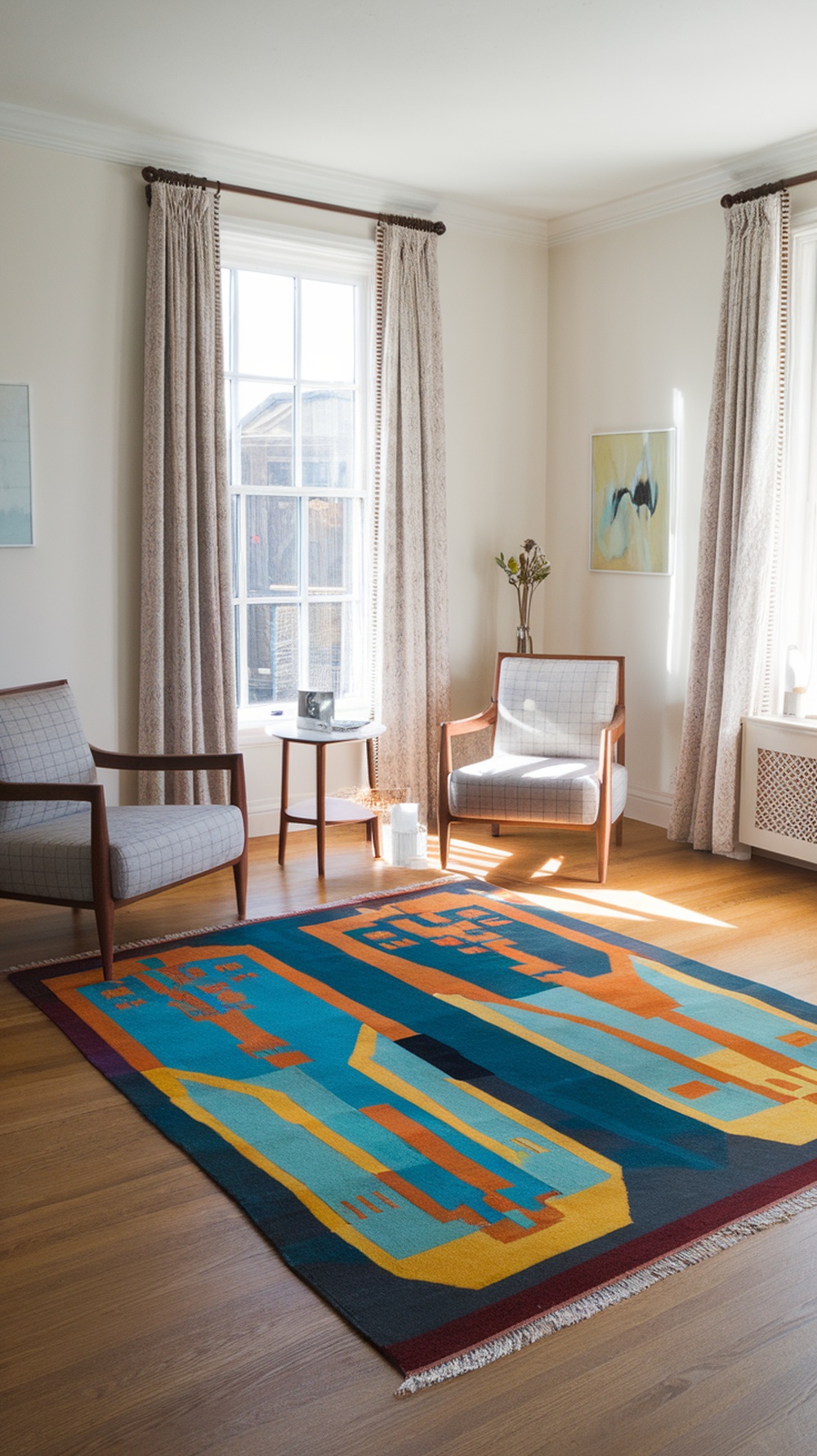 A colorful geometric rug in a bright living room setting with modern furniture.