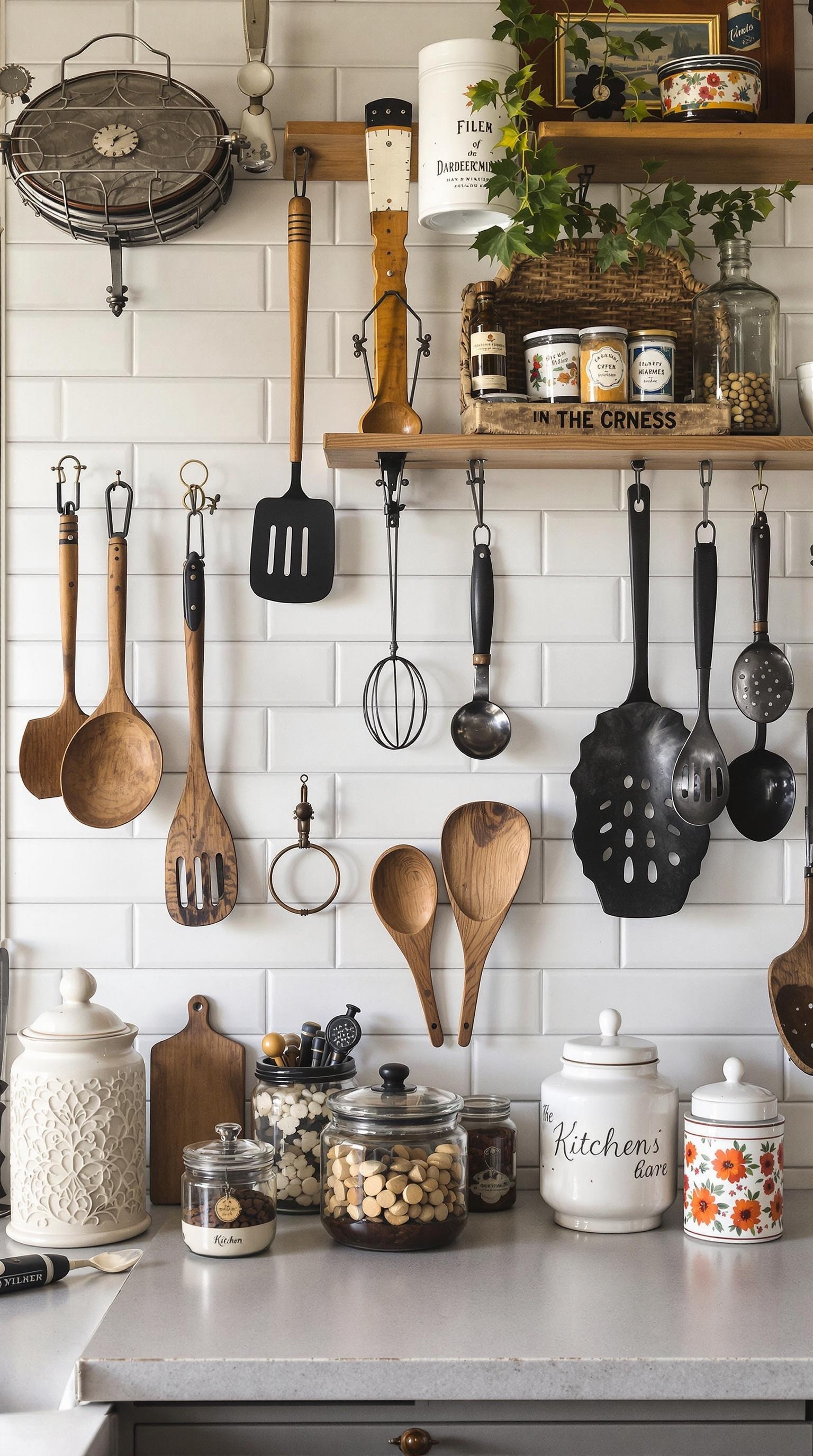 A collection of vintage kitchen accessories including wooden utensils, ceramic jars, and metal cookware arranged on shelves.