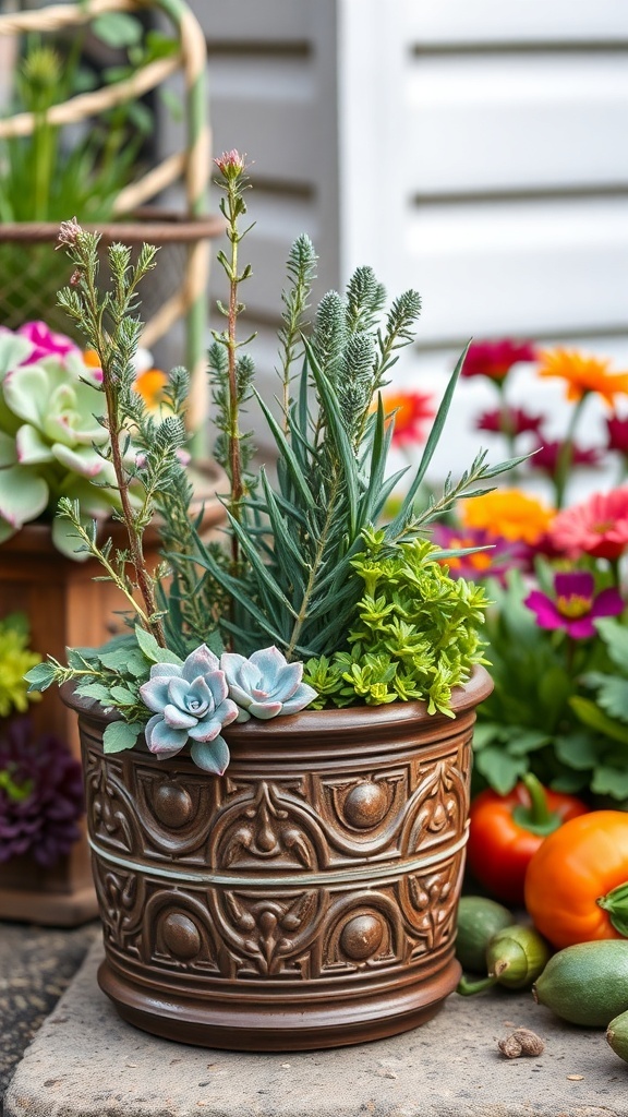 A decorative pot with succulents and herbs surrounded by colorful flowers and vegetables.