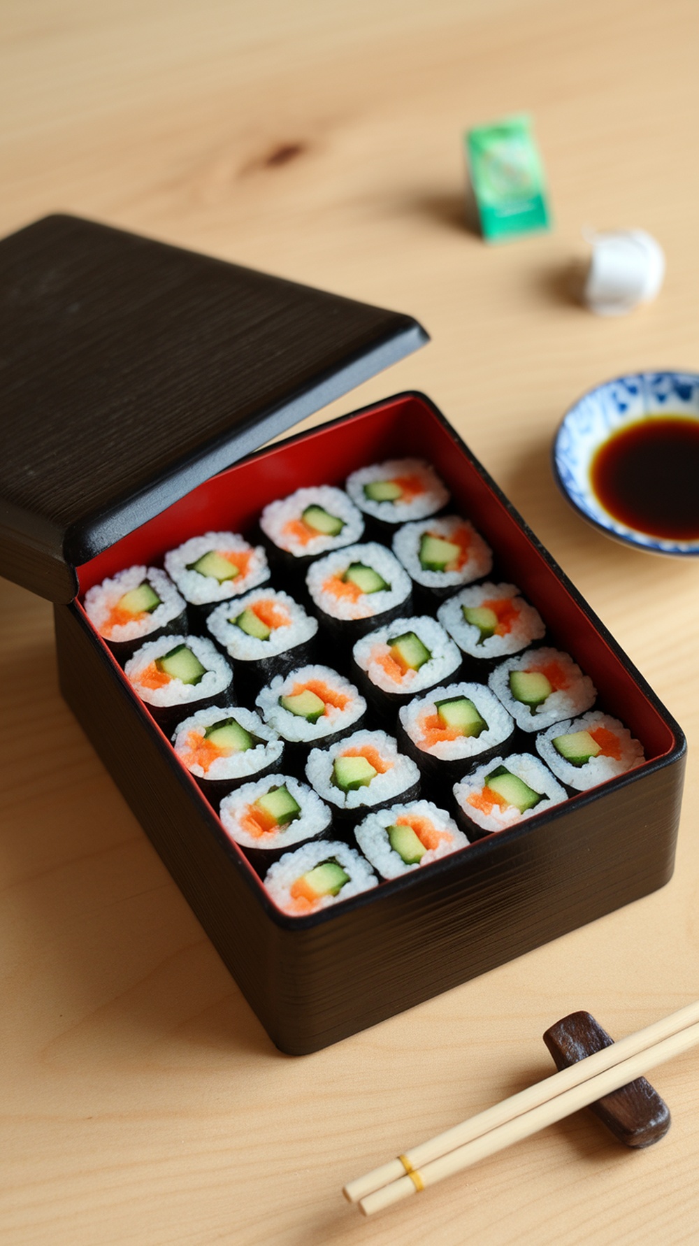A box filled with sushi rolls made with cucumber and carrot, served with soy sauce.