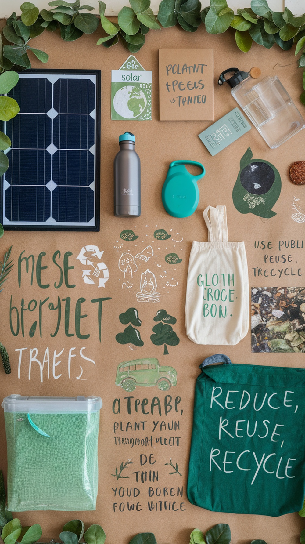 A vision board featuring eco-friendly items like a solar panel, reusable bottles, and sustainable bags, with motivational phrases about recycling and sustainability.