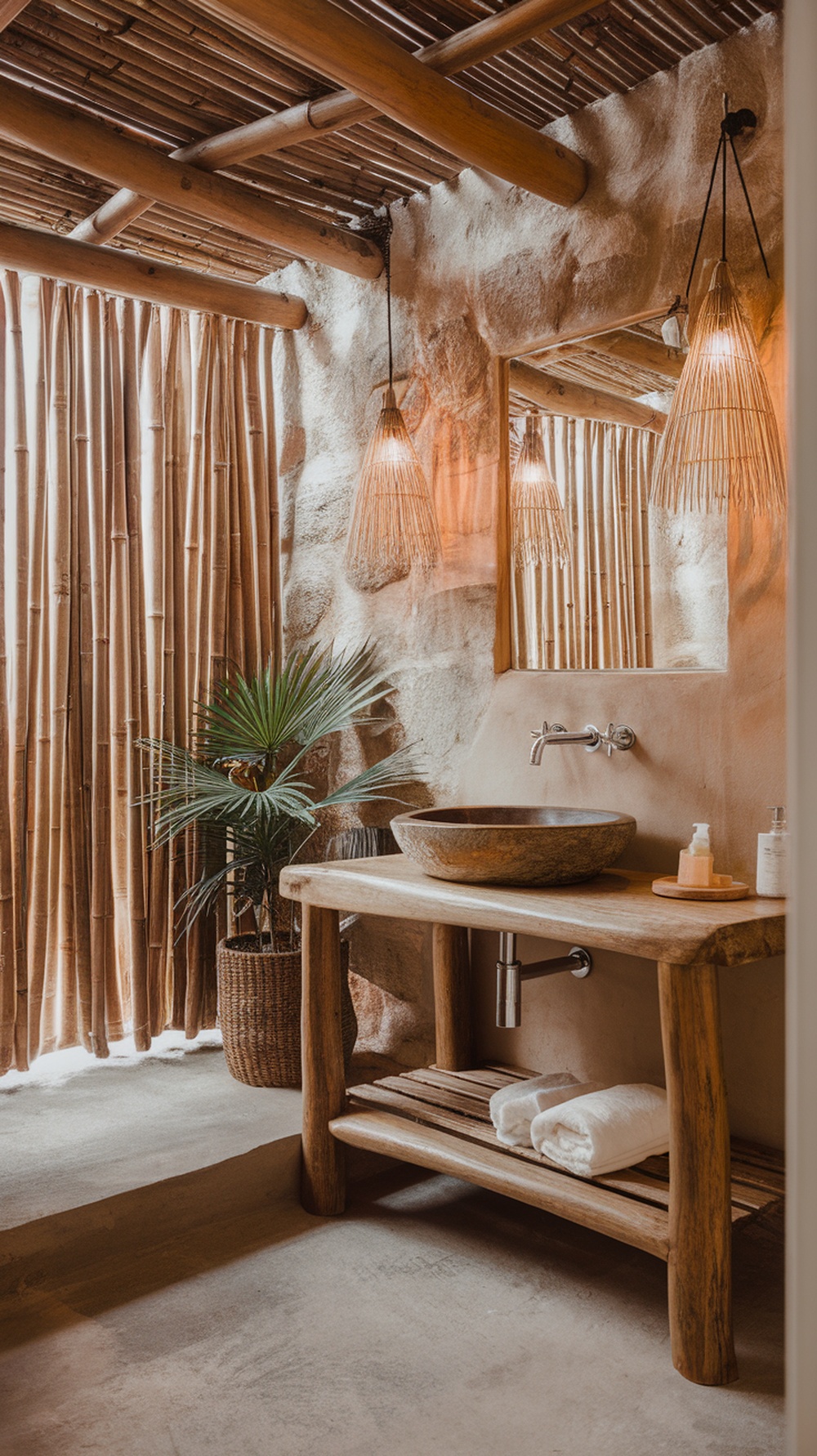 A boho bathroom featuring a wooden sink, bamboo curtains, and natural lighting.