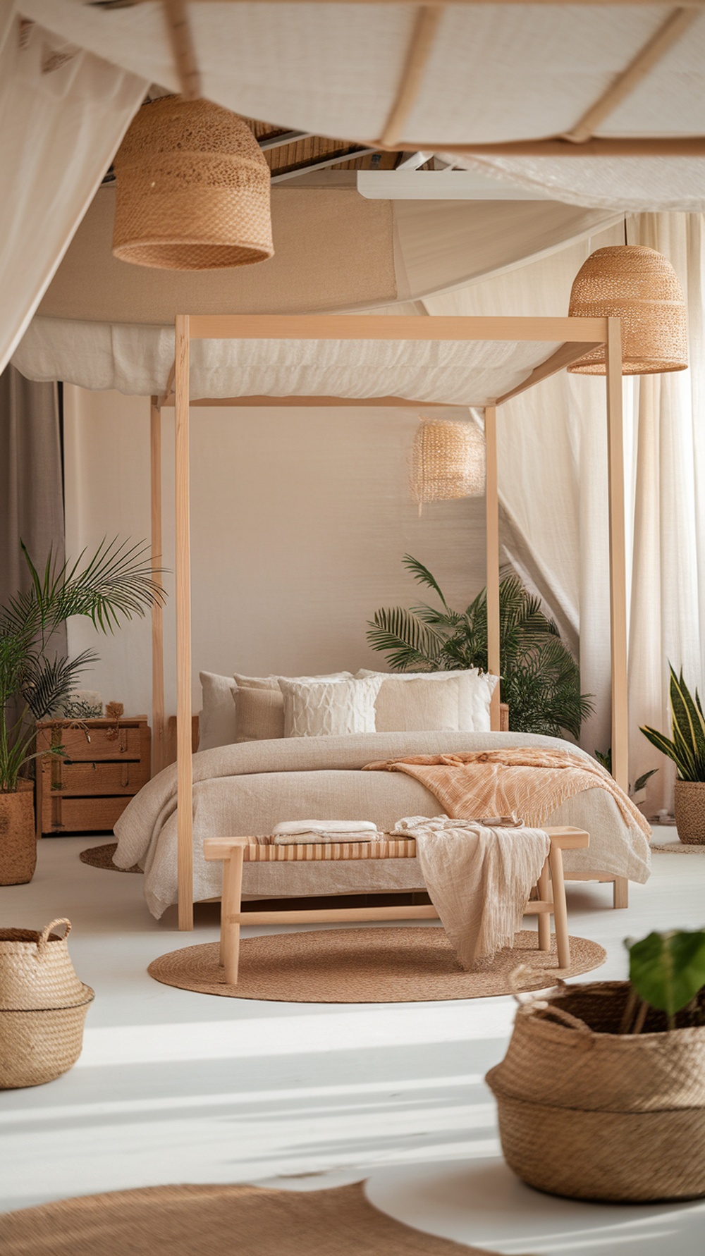 A serene Japandi bedroom featuring natural materials and plants.