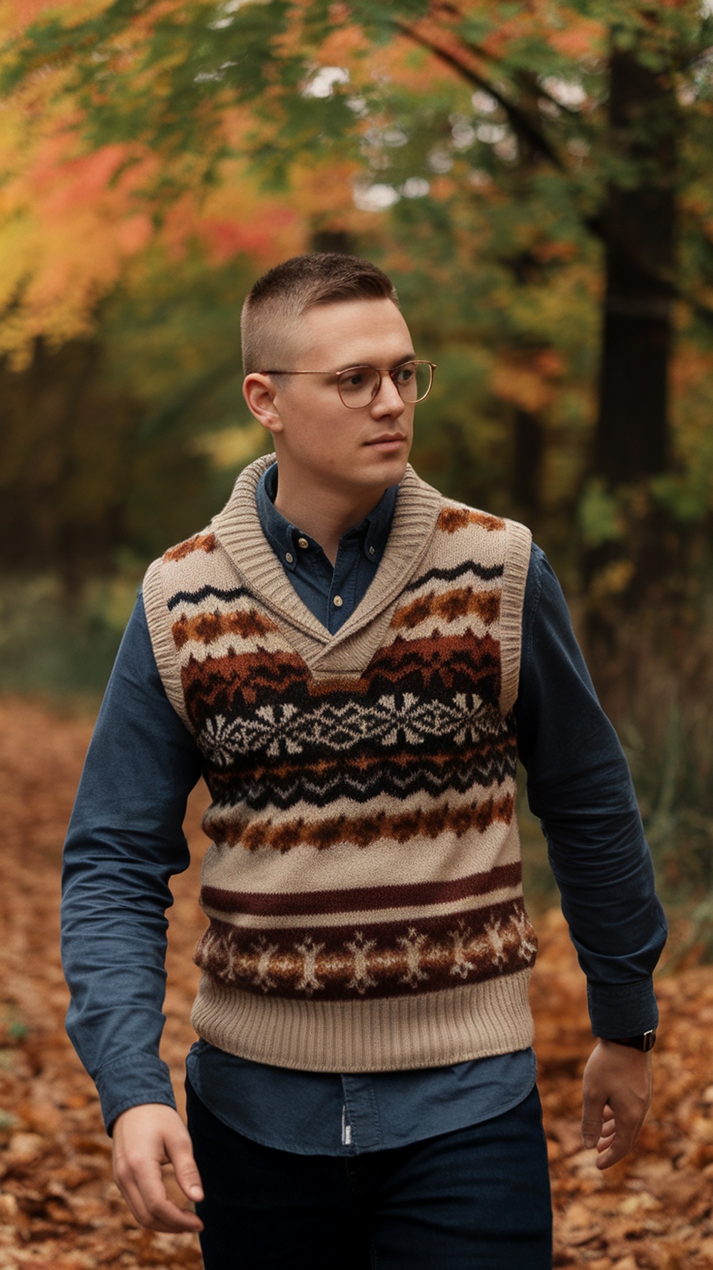 A sweater vest over a button-up shirt, showcasing a cozy fall outfit.