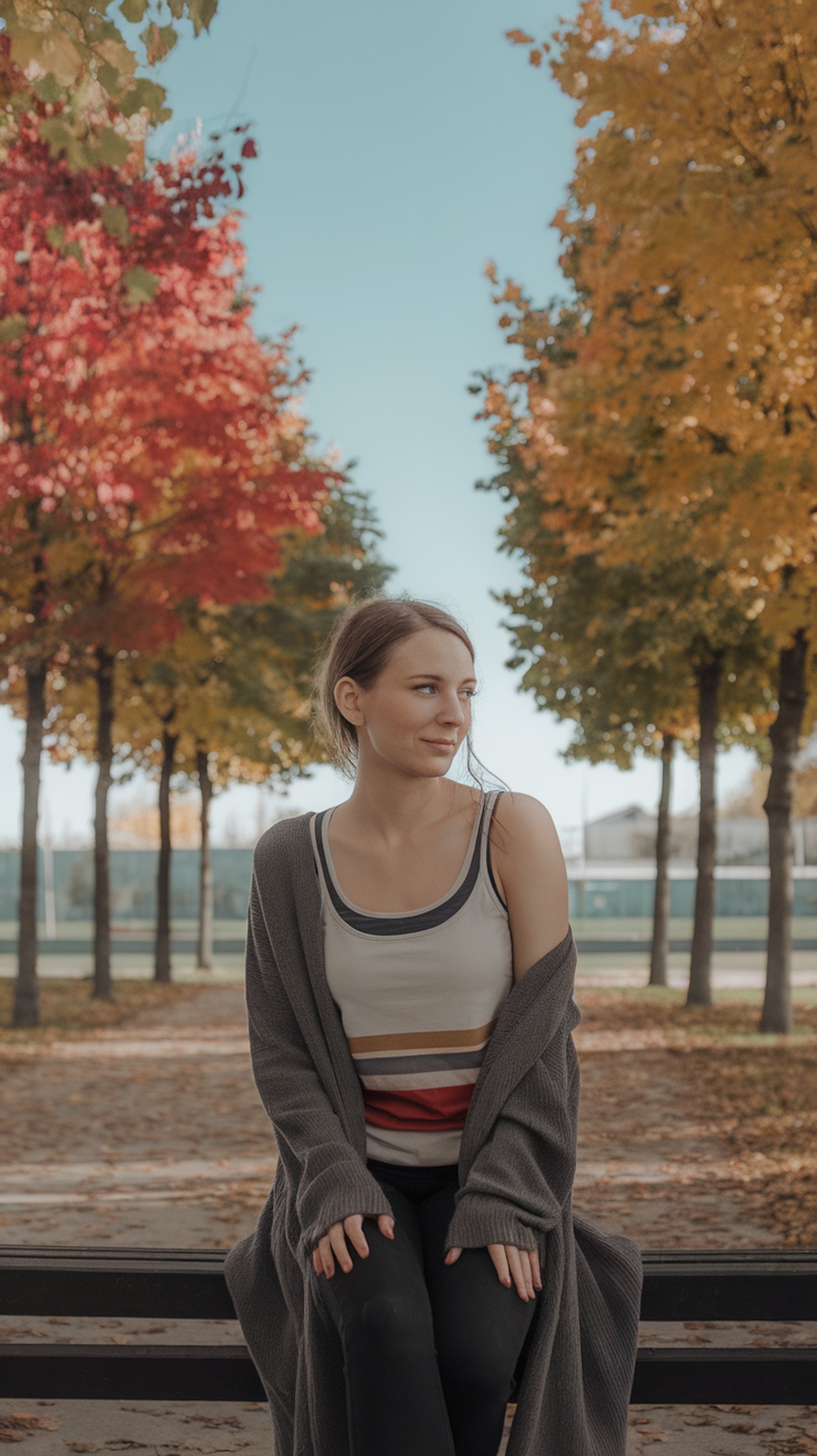 A woman wearing a patterned sweater with a midi skirt and black booties, surrounded by autumn leaves.