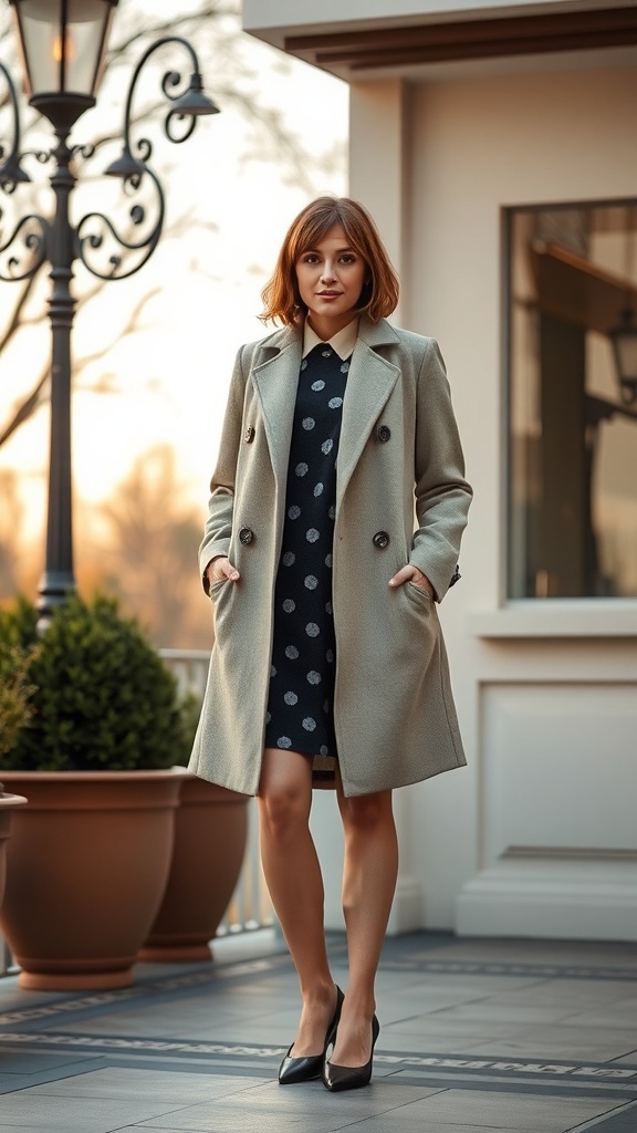A woman wearing a tailored beige coat over a casual polka dot dress, standing outside with a stylish posture.